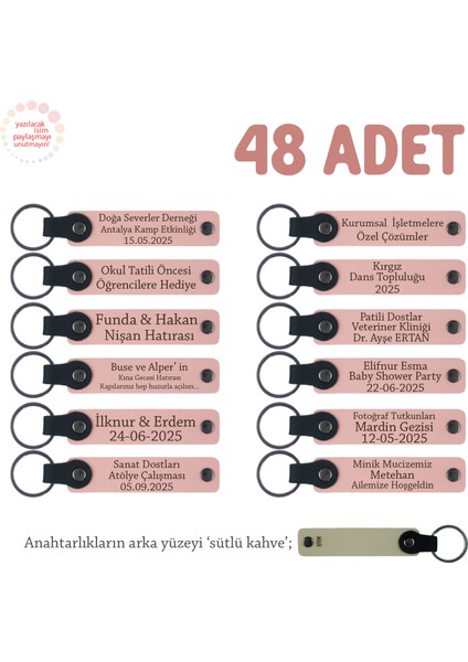 Işyeri Kutlamasına Özel, 48'li Set, Marka ve Isim Yazılabilir Deri Anahtarlık, Pudra & Sütlü Kahve