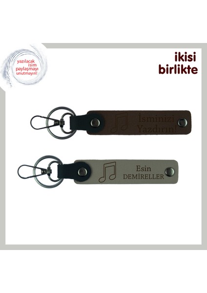 Isim Yazılabilir Deri Anahtarlık Seti, Nota Temalı Hediyelik Tasarım, Koyu Kahve-Kül Gri