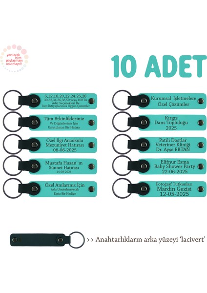 Muhtelif Seminerler Için, 10'lu Set, Kişiselleştirilebilir Deri Anahtarlık, Turkuaz & Lacivert
