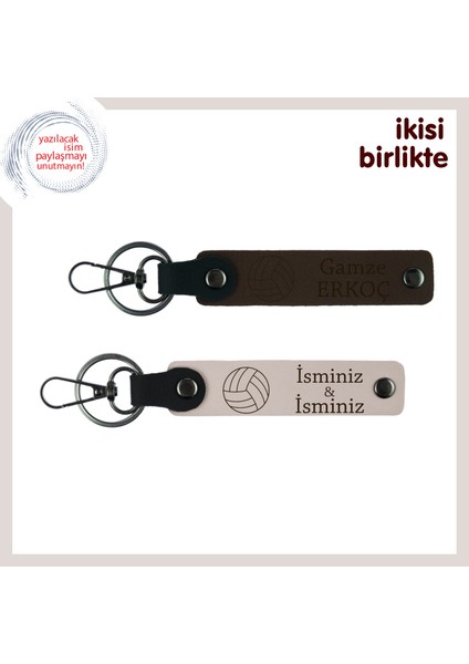 Voleybol Temalı 2’li Anahtarlık Seti, Isim Yazılabilir Deri Tasarım, Koyu Kahve-Pudra