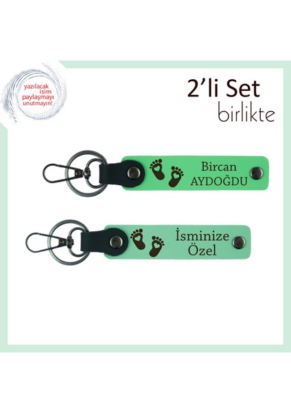 Adınıza Hazırlanan Kalpli Bebek Ayağı Temalı Anahtarlık, Kişisel 2’li Hediye Set, F Yeşil-Açık Yeşil