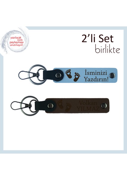 Aileye Katılan Yeni Üye Için Isme Özel Hatıra, Kalpli Ayak Figürlü Anahtarlık Seti, Gök Mavi-K Kahve