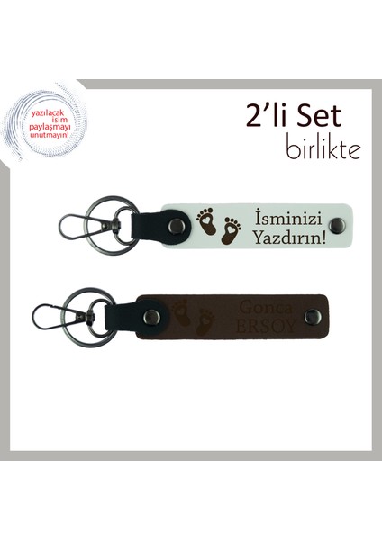 Erkek Bebek Ismi Yazılabilir 2’li Anahtarlık Seti, Kalpli Ayak Motifli Deri Tasarım, Beyaz-K Kahve