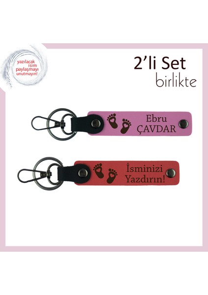 Bebek Doğumuna Özel Tasarlanmış Kalpli Ayak Figürlü Anahtarlık, Isme Özel Deri Set, Pembe-Nar Çiçeği