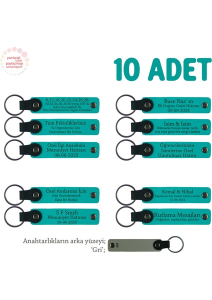 Öğretmenden Tüm Öğrencilerine Özel, 10'lu Set, Isim Yazılı Hediye Anahtarlık, Koyu Turkuaz & Gri