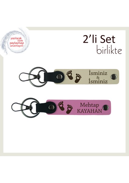 Yeni Aileye Ortak Kullanıma Uygun Kalpli Ayak Temalı Isimli Deri Anahtarlık, Sütlü Kahve-Pembe