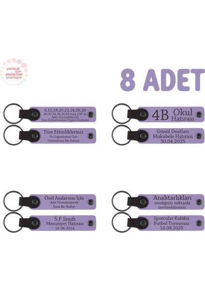 Işyeri Çalışanlarına Uygun Hediyelik, 8'li Set, Isme Özel Hatıra Deri Anahtarlık, Mor Menekşe