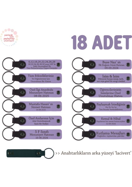 Ayrı Ayrı Isim Yazılabilir 18'li Set, Kişisel Mesajlı Hediye Deri Anahtarlık, Mor Menekşe & Lacivert