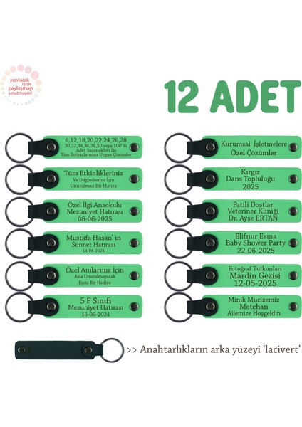 Torunlardan Dede ve Nineye, 12'li Takım, Aile Isimli Deri Anahtarlık Hatırası, Fıstık Yeşil & Laci