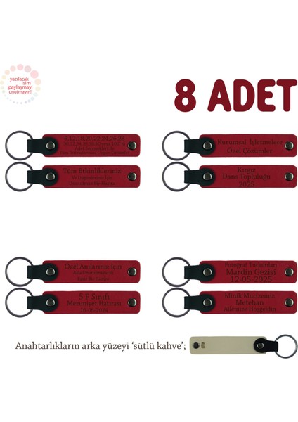 Kurumsal Eğitimcilere Teşekkür Hediyesi, 8'li Set, Kişiye Özel Yazılı Anahtarlık, Kırmızı & S Kahve