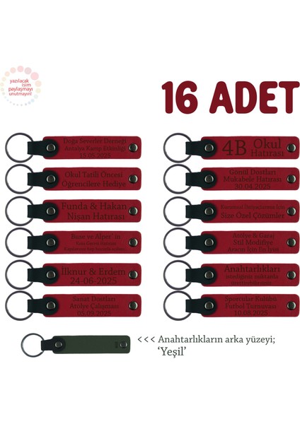 Düğün Etkinliklerinde Misafire Hediye, 16'lı Set, Kişisel Yazılı Deri Anahtarlık, Kırmızı & Yeşil