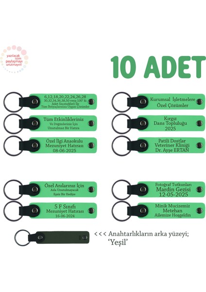 Hayır Davetinde Dağıtılmak Üzere, 10'lu Set, Isme Özel Hediyelik Deri Anahtarlık, F Yeşil & Yeşil