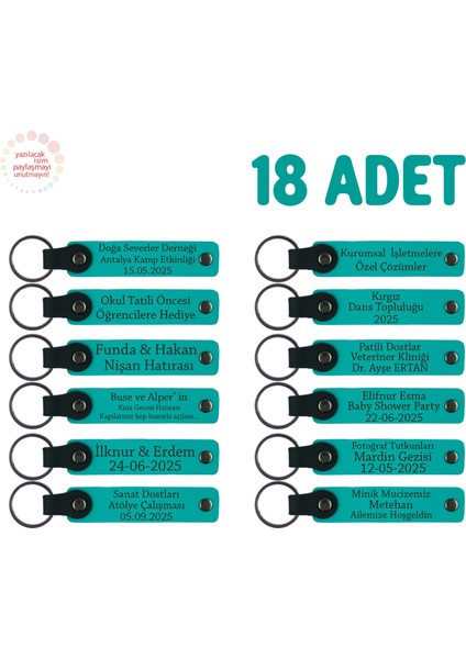 Okul Etkinliklerine Katılanlara Özel 18'li Set, Kişisel Mesajlı Deri Hatıra Anahtarlık, Koyu Turkuaz