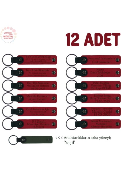 Departman Etkinliğinde Dağıtılacak, 12'li Set, Kişiye Özgü Logolu Deri Anahtarlık, Kırmızı & Yeşil