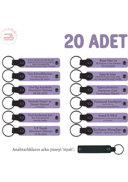 Şirket Kuryelerine Özel, 20'li Set, Kişiye Özel Yazılı Deri Anahtarlık Hediye, Mor Menekşe & Siyah