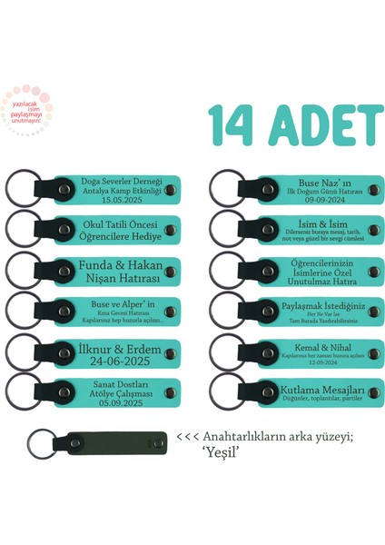 Ofis Çalışanlarına Özel, 14'lü Set, Kişisel Isim ve Mesaj Yazılı Anahtarlık, Turkuaz & Yeşil