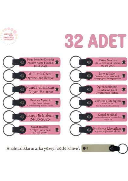 Pembe & S Kahve, Düğün Töreni Konuklarına, 32'li Set, Isimli Anlamlı Hatıra Deri Anahtarlık Hediyesi