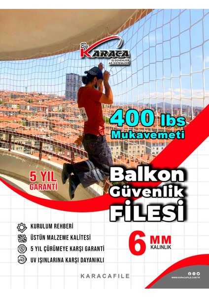 Balkon Güvenlik Filesi – 2.5m Yükseklik | Metreyle Kesim | 6mm Ip, 10X10 cm Göz Aralığı + Montaj Aparatları (Beyaz)