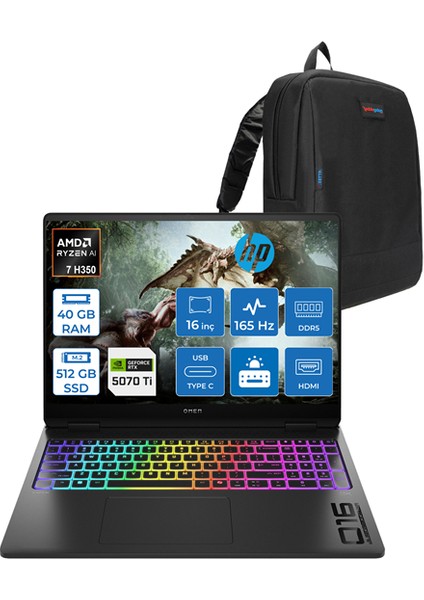 Omen Max Amd Ryzen Aı 7 H 350 40GB Ddr5 512GB SSD 12GB/RTX5070TI 16" Wuxga 165Hz 400NIT %100SRGB Windows 11 Pro Taşınabilir Bilgisayar 16AK0008NTH13 + Zettaçanta