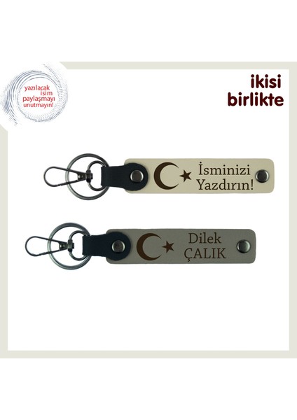 Aşk ve Vefa Için Hazırlandı – Ay Yıldız Desenli Sevgiliye Anlamlı Anahtarlık, Sütlü Kahve-Kül Gri