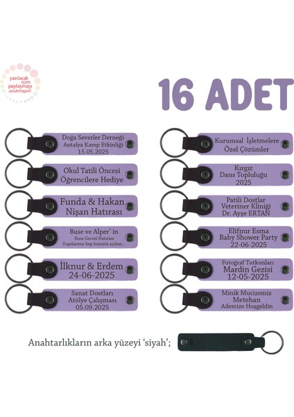 Kıymetli Öğretmenlere Hatıra, 16'lı Set, Üzerine Isim Yazılabilen Deri Anahtarlık, Mor Menekşe & Syh