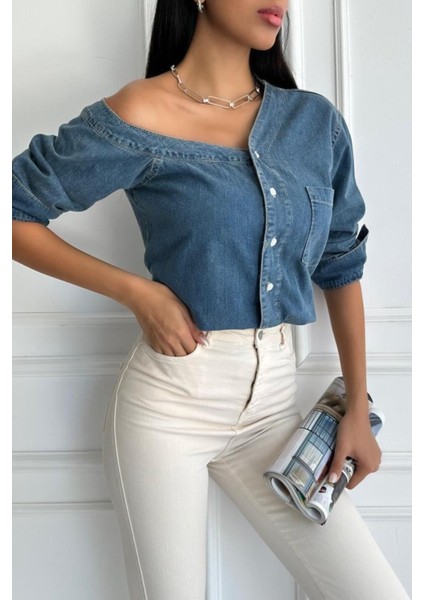 Kadın Regular Tek Omuz Denim Mavi Gömlek