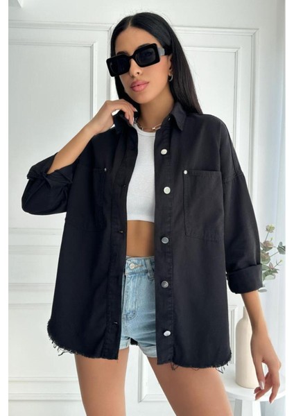 Kadın Oversize Etek Ucu Püsküllü Denim Siyah Gömlek