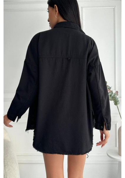 Kadın Oversize Etek Ucu Püsküllü Denim Siyah Gömlek