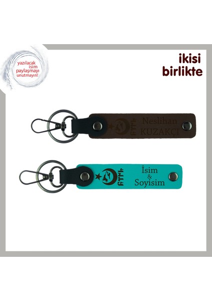 Öğretmene Teşekkür Hediyesi – Ayyıldız Kurt Göktürk Temalı Isimli Anahtarlık Set, Koyu Kahve-Turkuaz