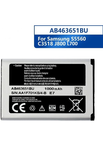 ESLIFETECH26AKSESUAR Samsung SGH-C3518/S5560S5610/L700/S3650 Uyumlu AB463651BU KODLU1000MAH Batarya fiyatları