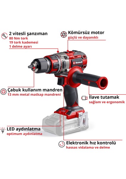 Professional Akülü Vidalama TP-CD 18/80 Li BL-Solo Power X-Change (18 V, Kömürsüz, 80 Nm, 13 mm mandren, 2 vites, 19 tork ayarı, delme modu, akü dahil değildir) - 4514300