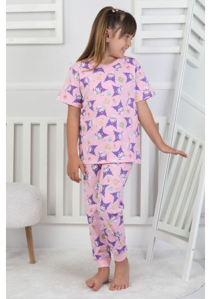 %100 Pamuk Pembe Desenli Kısa Kollu Manşetli Paça Kız Çocuk Pijama Takımı 3-8 Yaş