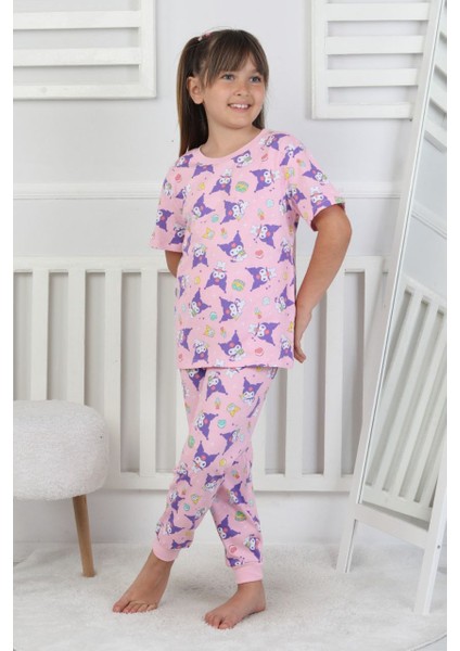 %100 Pamuk Pembe Desenli Kısa Kollu Manşetli Paça Kız Çocuk Pijama Takımı 3-8 Yaş
