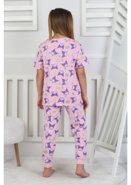 %100 Pamuk Pembe Desenli Kısa Kollu Manşetli Paça Kız Çocuk Pijama Takımı 3-8 Yaş