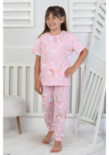 %100 Pamuk Gökkuşağı Desenli Kısa Kollu Manşetli Paça Kız Çocuk Pijama Takımı 3-8 Yaş