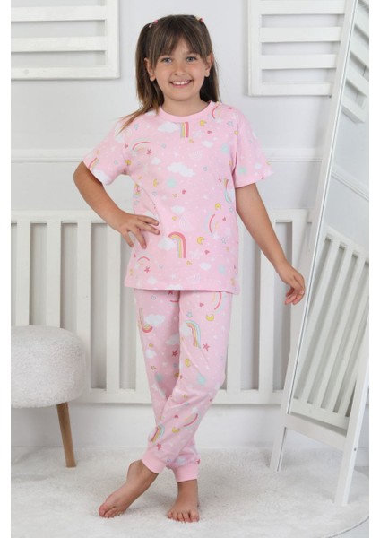 %100 Pamuk Gökkuşağı Desenli Kısa Kollu Manşetli Paça Kız Çocuk Pijama Takımı 3-8 Yaş