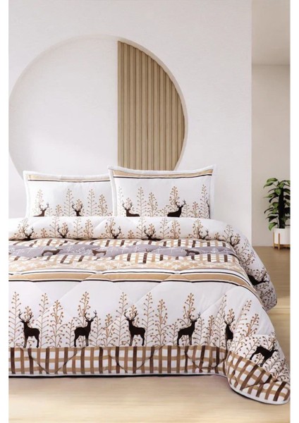 Comforter Yorgan Set Deer Bej Çift Kişilik 220X240 cm