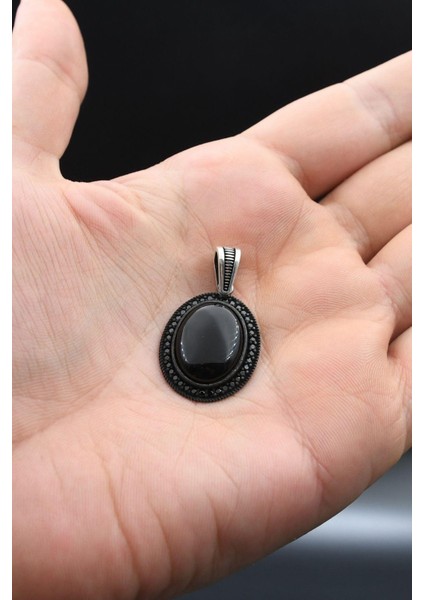 Oniks Taşlı Zirkon Taş Süslemeli 925 Ayar Gümüş Kolye Zincir 901909