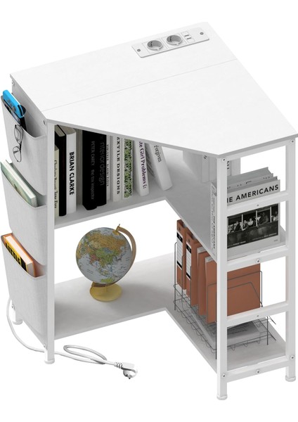 3 Katlı Köşe Yazıcı Masası, USB & Prizli Şarj Istasyonlu, Ayarlanabilir Ayaklı