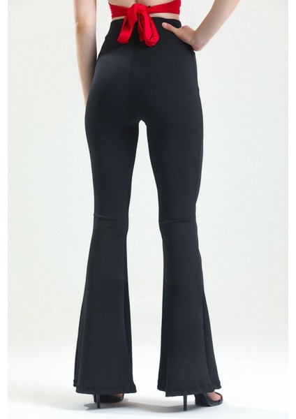 Kadın Siyah Dalgıç Kumaş Ispanyol Paça Yüksek Bel Likralı Toparlayıcı Ispanyol Paça Tayt fırsatları