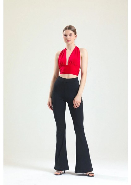 Kadın Siyah Dalgıç Kumaş Ispanyol Paça Yüksek Bel Likralı Toparlayıcı Ispanyol Paça Tayt