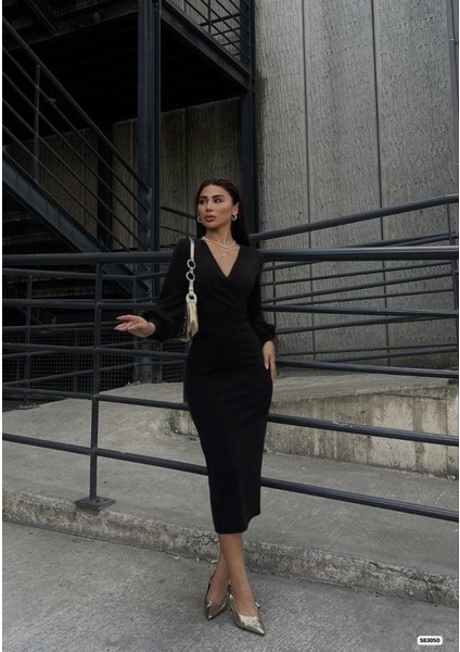 Kadın Uzun Kollu Kruvaze Yaka Büzgü ve Balon Kol Detay Krep Kumaş Maxi Boy Elbise fırsatları