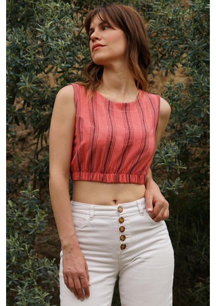 El Dokuması %70 Pamuk %30 Keten Rahat Kalıp Crop Bluz - Mercan