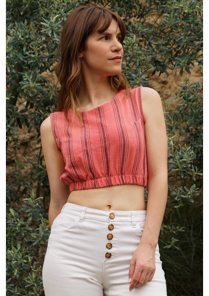 El Dokuması %70 Pamuk %30 Keten Rahat Kalıp Crop Bluz - Mercan fiyatları