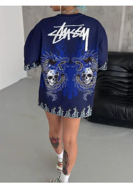 Unisex Bisiklet Yaka Baskılı Oversize T-Shirt - Lacivert fırsatları