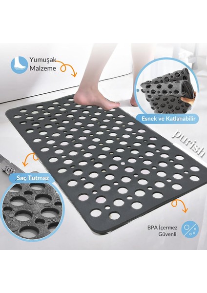 | Kaymaz Banyo Paspası | Antrasit Gri | 66X36CM – Dikdörtgen Duş Matı, Küvet Paspası | Güçlü Vantuzlu, Su Tahliyeli, Yumuşak | Makinede Yıkanabilir | Kaydırmaz Zemin Matı