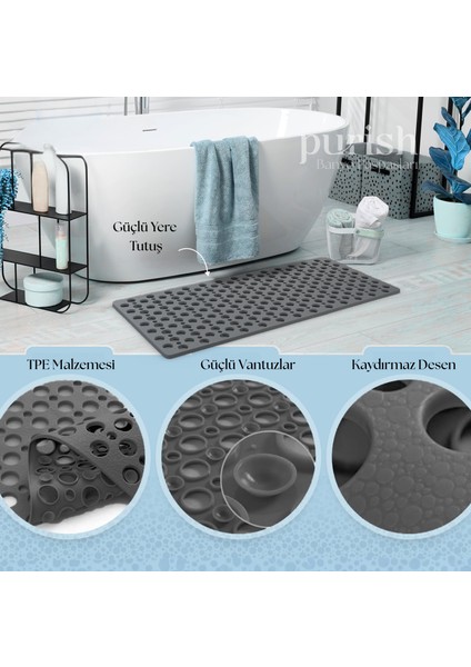 | Kaymaz Banyo Paspası | Antrasit Gri | 66X36CM – Dikdörtgen Duş Matı, Küvet Paspası | Güçlü Vantuzlu, Su Tahliyeli, Yumuşak | Makinede Yıkanabilir | Kaydırmaz Zemin Matı modelleri