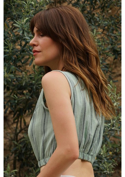 El Dokuması %70 Pamuk %30 Keten Rahat Kalıp Crop Bluz - Su Yeşili fiyatları