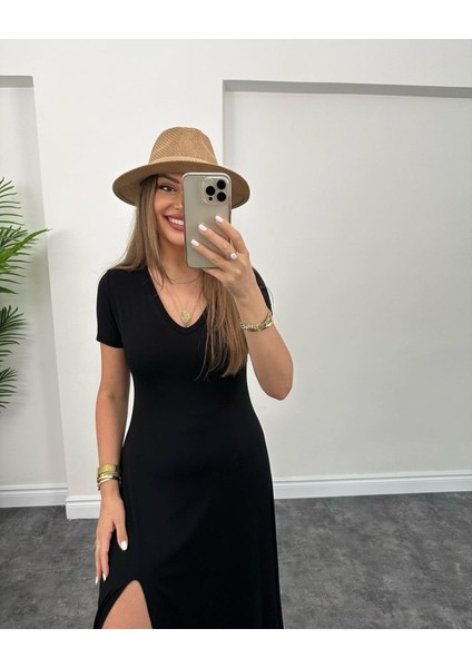 Kadın Kısa Kollu V Yaka Maxi Boy Elbise 124 cm