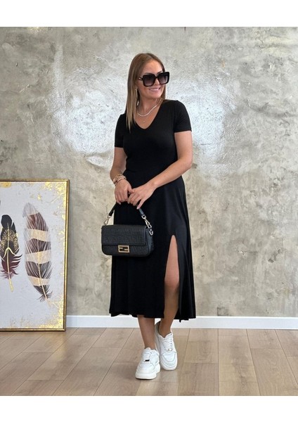 Kadın Kısa Kollu V Yaka Maxi Boy Elbise 124 cm